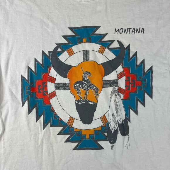 Vtg Fruit Of The Loom Montana Aztec Southwestern T-Shirt Single Stitch Bull L - Picture 2 of 10